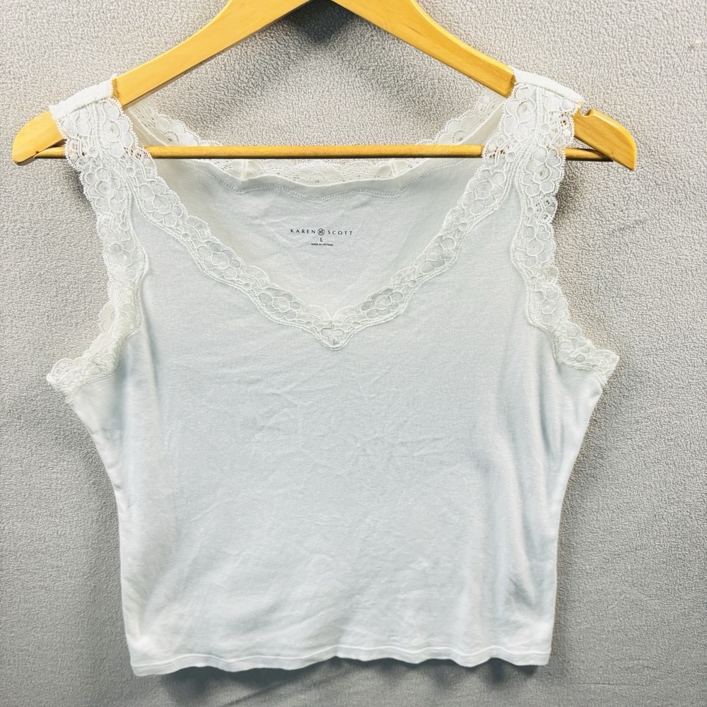 Karen Scott Cotton Lace-Trim Tank Top White Sz L Breathable Cool Wardrobe Staple